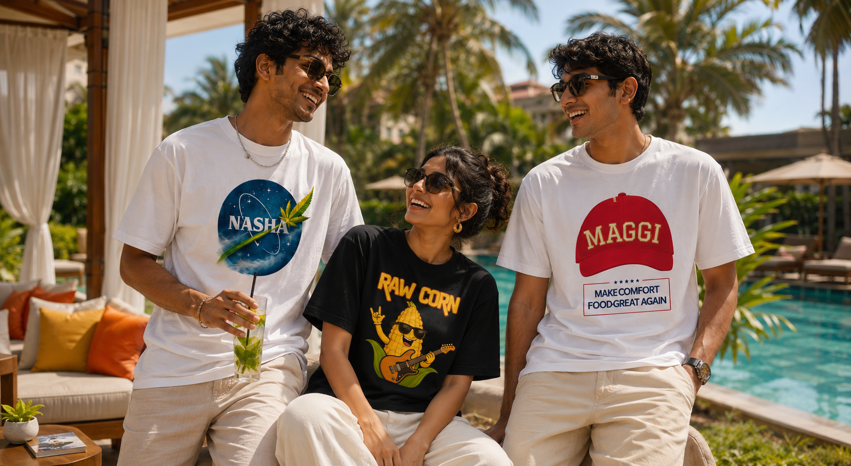 Friends wearing Merch Masala graphic T-shirts
