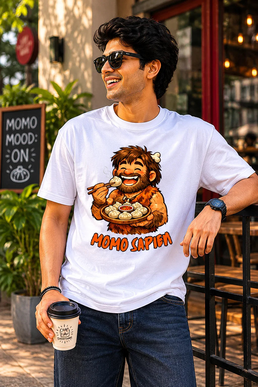 Man wearing a white t-shirt with a cartoon character and 'Momo Sapien' text, standing outdoors.